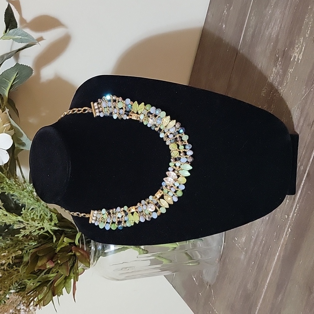 Blue and Green AB Crystal & Prong Set Beaded Bibb Necklace - Picture 2 of 5
